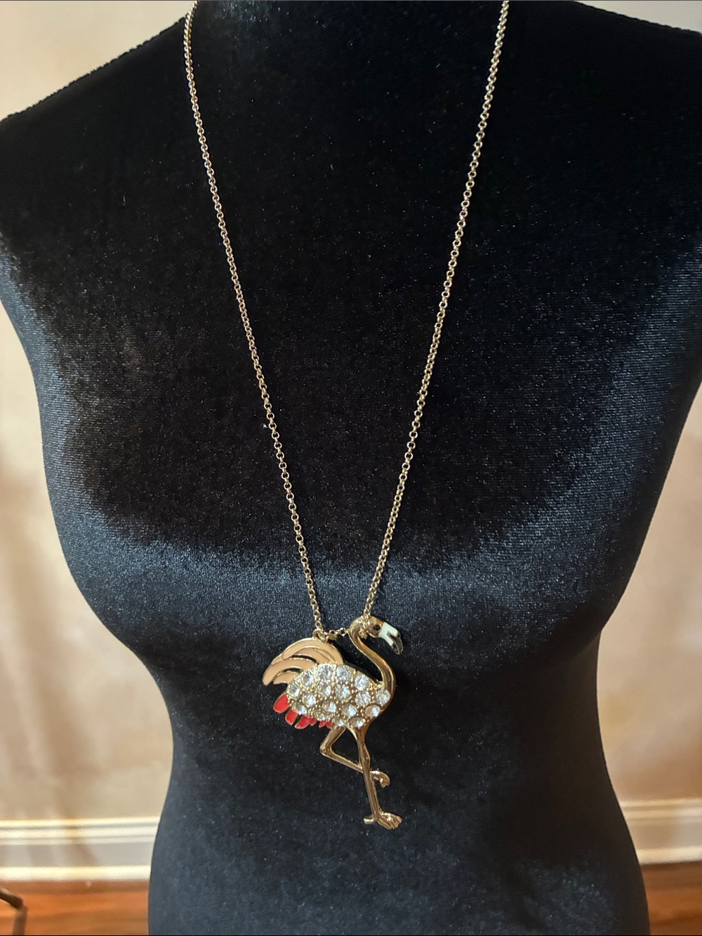 LOFT Gold-Tone Flamingo Pendant Necklace with Clear Crystals and Coral Accents